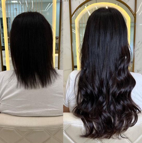 Antes e depois de mega hair adesivado — resultado natural com ondas