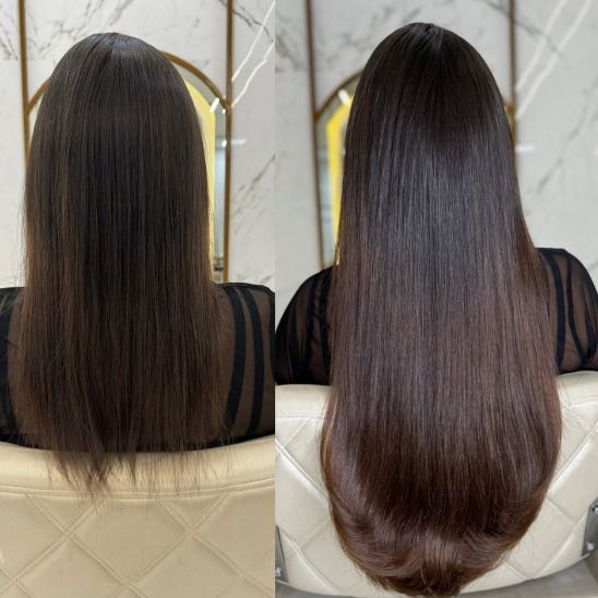 Antes e depois de alongamento de cabelo castanho com volume